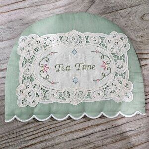 Vintage Tea Cozy Embroidered Lace Green Fabric "Tea Time" From 2003